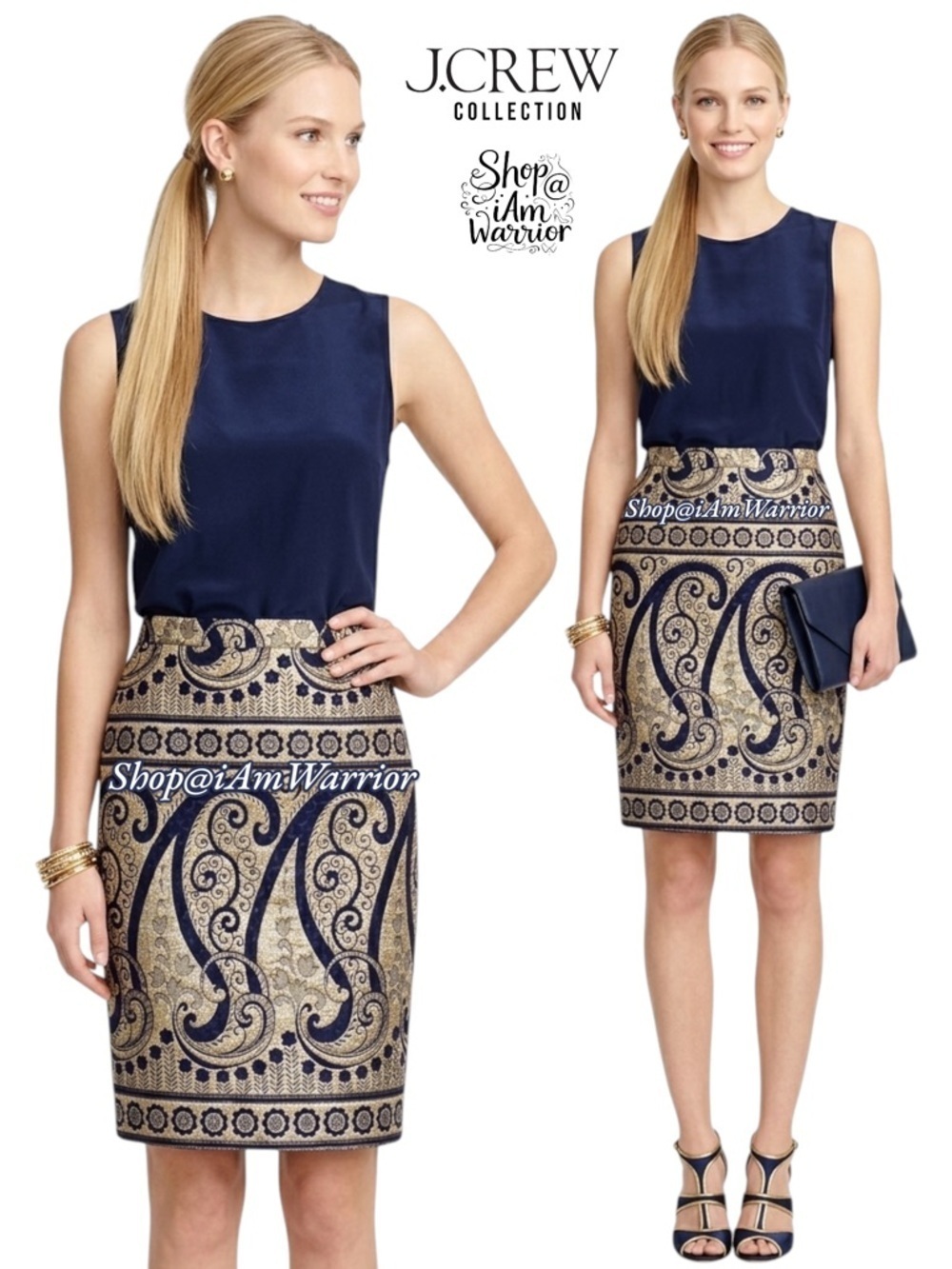 J.Crew Collection navy Art Deco metallic scroll pencil skirt *Shop@iAmWarrior